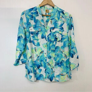 JM‎ Collection Top Woman Size 8  100% Linen Blue Floral 3/4 Sleeve Button Front